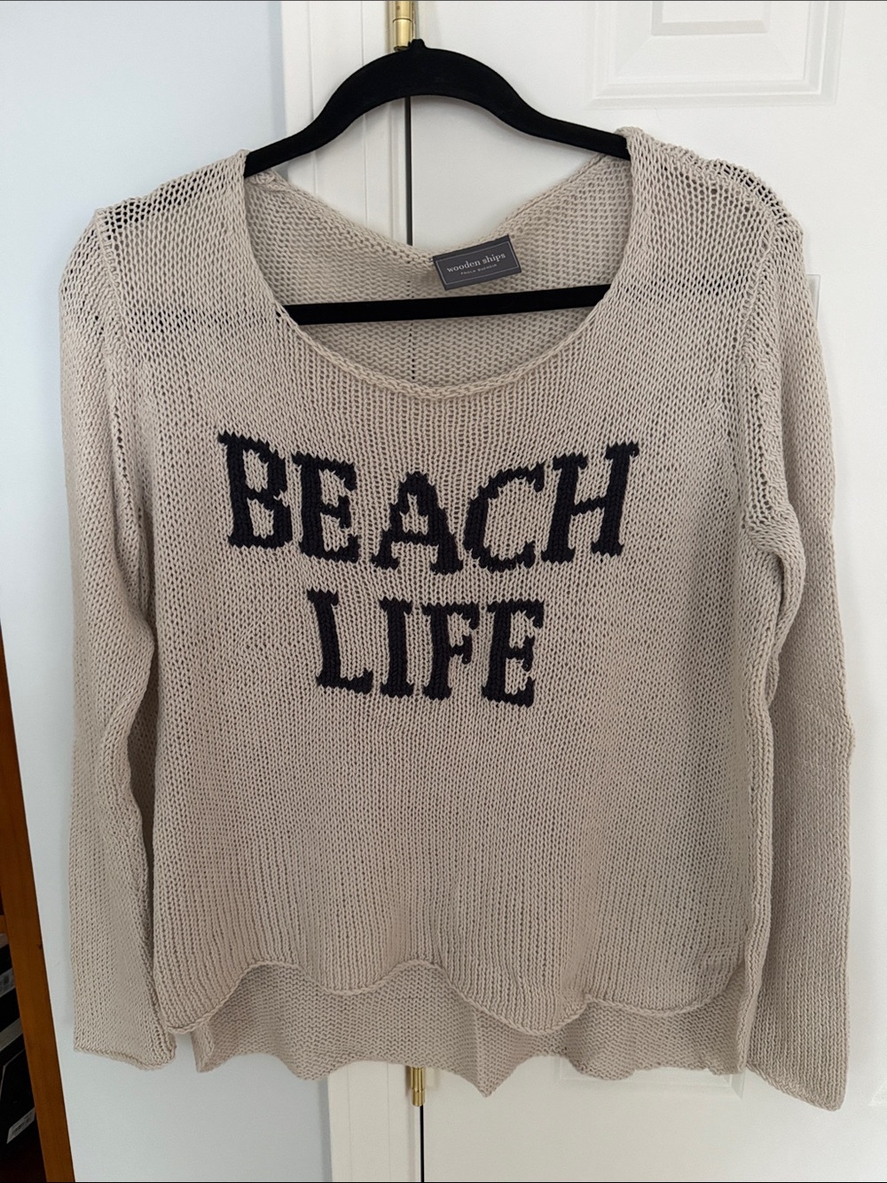 Wooden Ships Beige Knit Scoop Neck Sweater with Navy 'Beach Life'